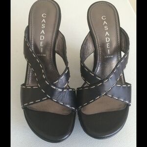 Casadei Black Criss Cross Cream Top Stitch Cut Out Mule Stack Heel Sandals 🔴